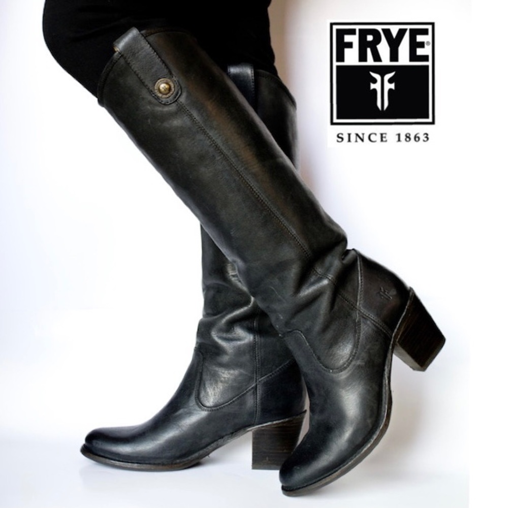 Frye Jackie Button Boots, Tall Heeled Riding Boots in Black Leather - Women's 8